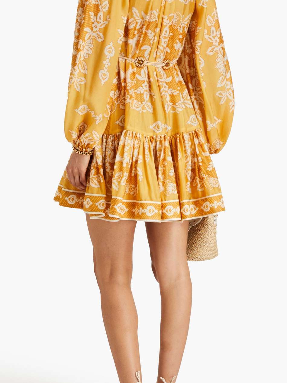 gathered printed silk-twill mini dress