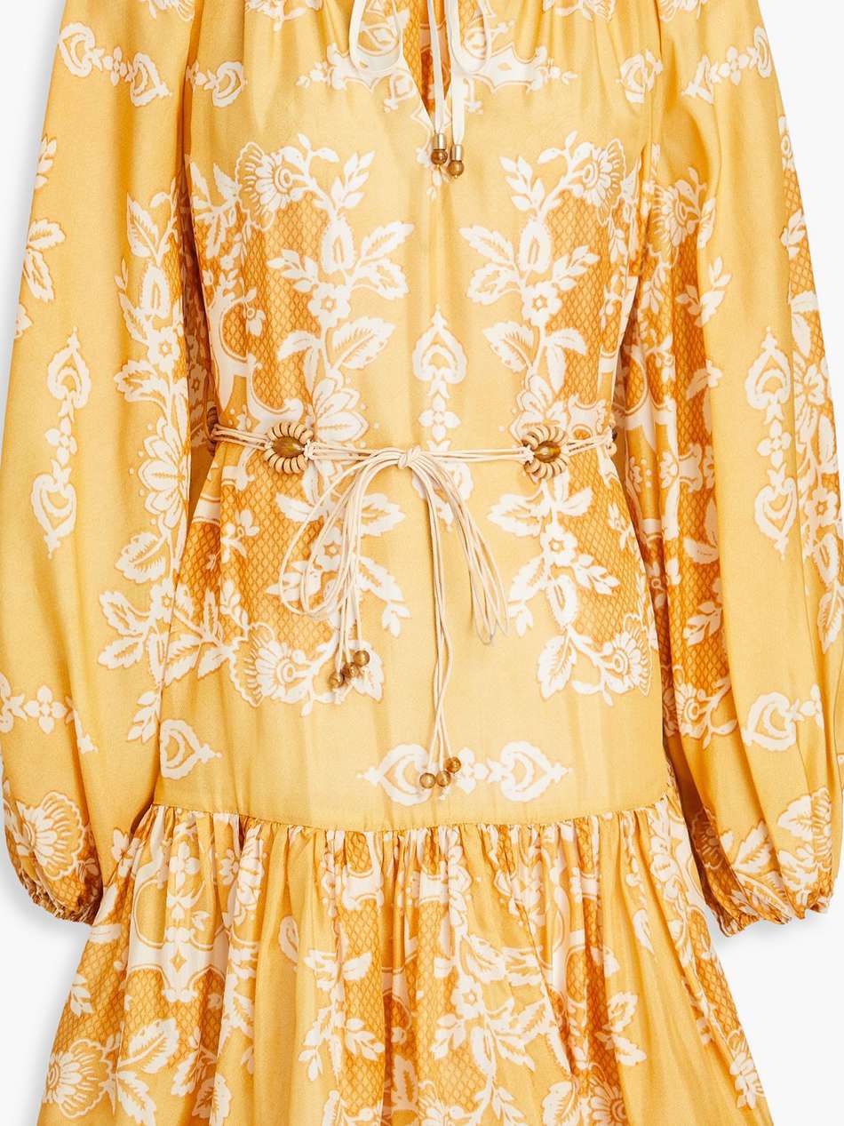gathered printed silk-twill mini dress