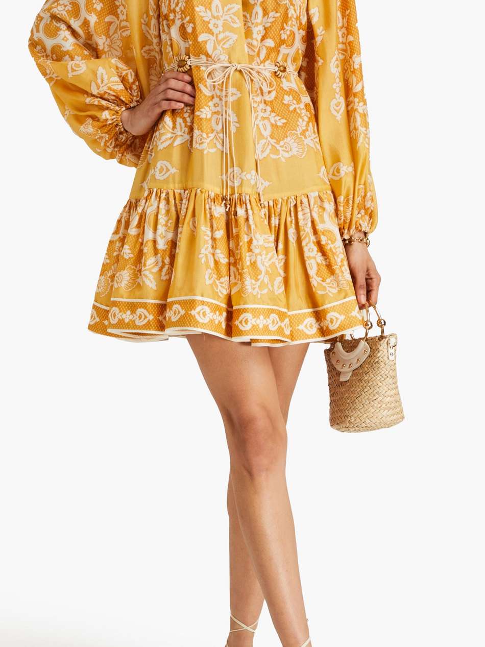 gathered printed silk-twill mini dress