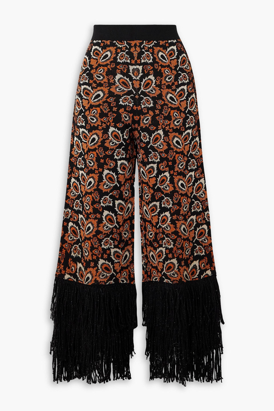 Fringed metallic jacquard-knit wide-leg pants