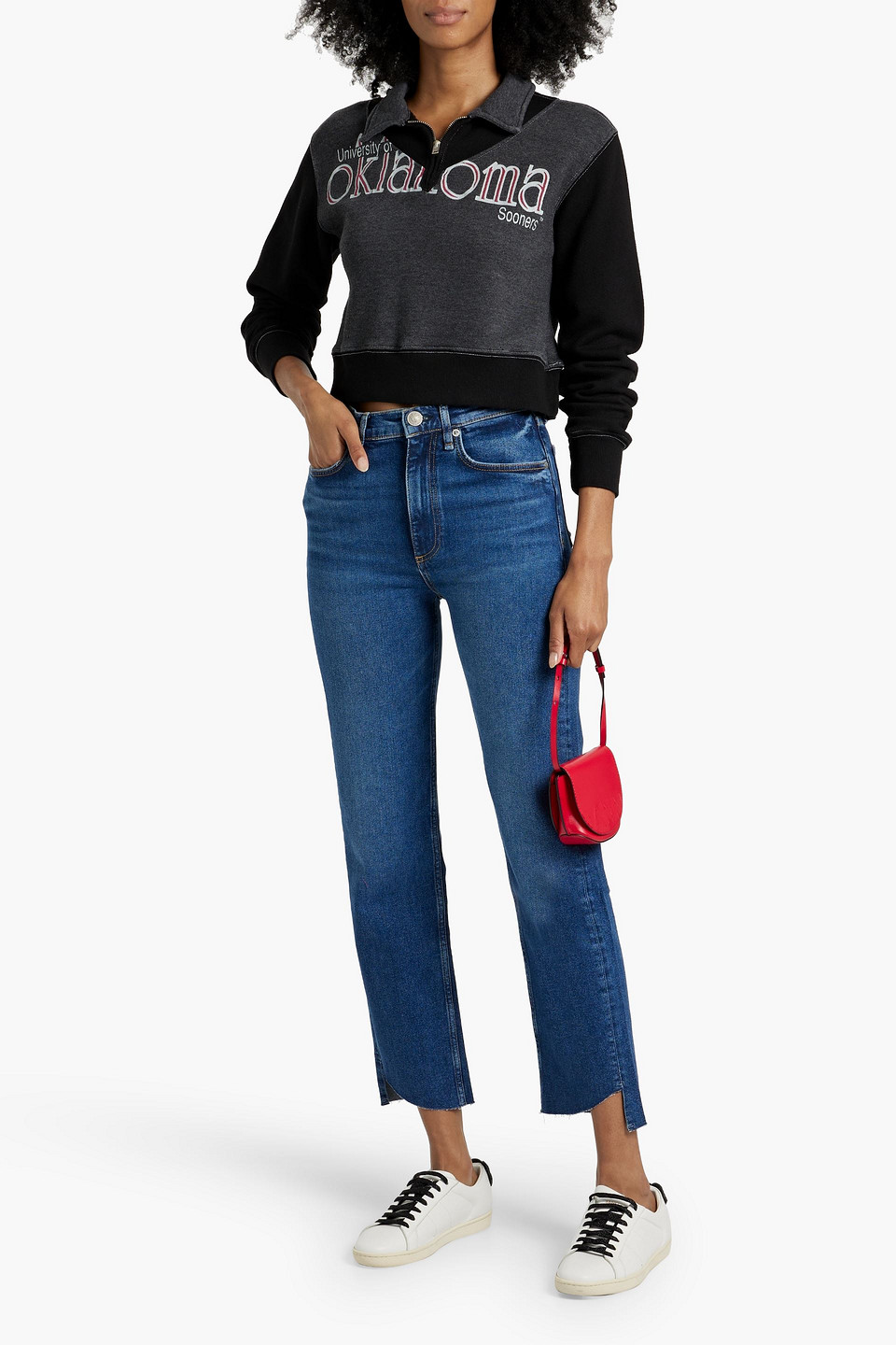 Re/done 90s Cropped Printed Cotton-blend Fleece Half-zip Sweatshirt In Charcoal