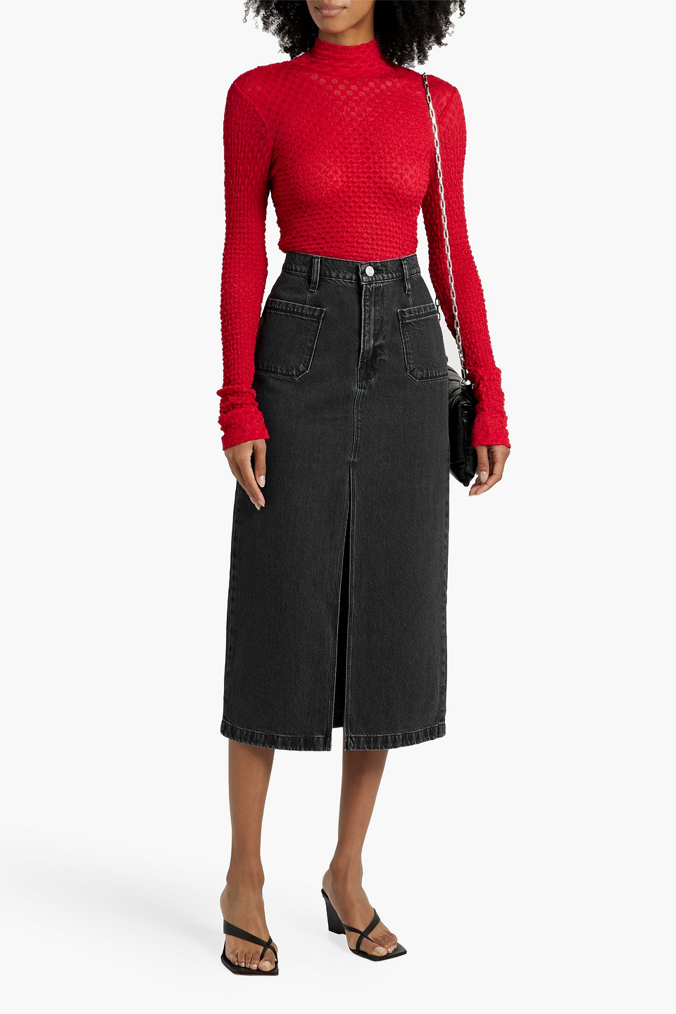 Frame Stretch-lace Turtleneck Top In Red