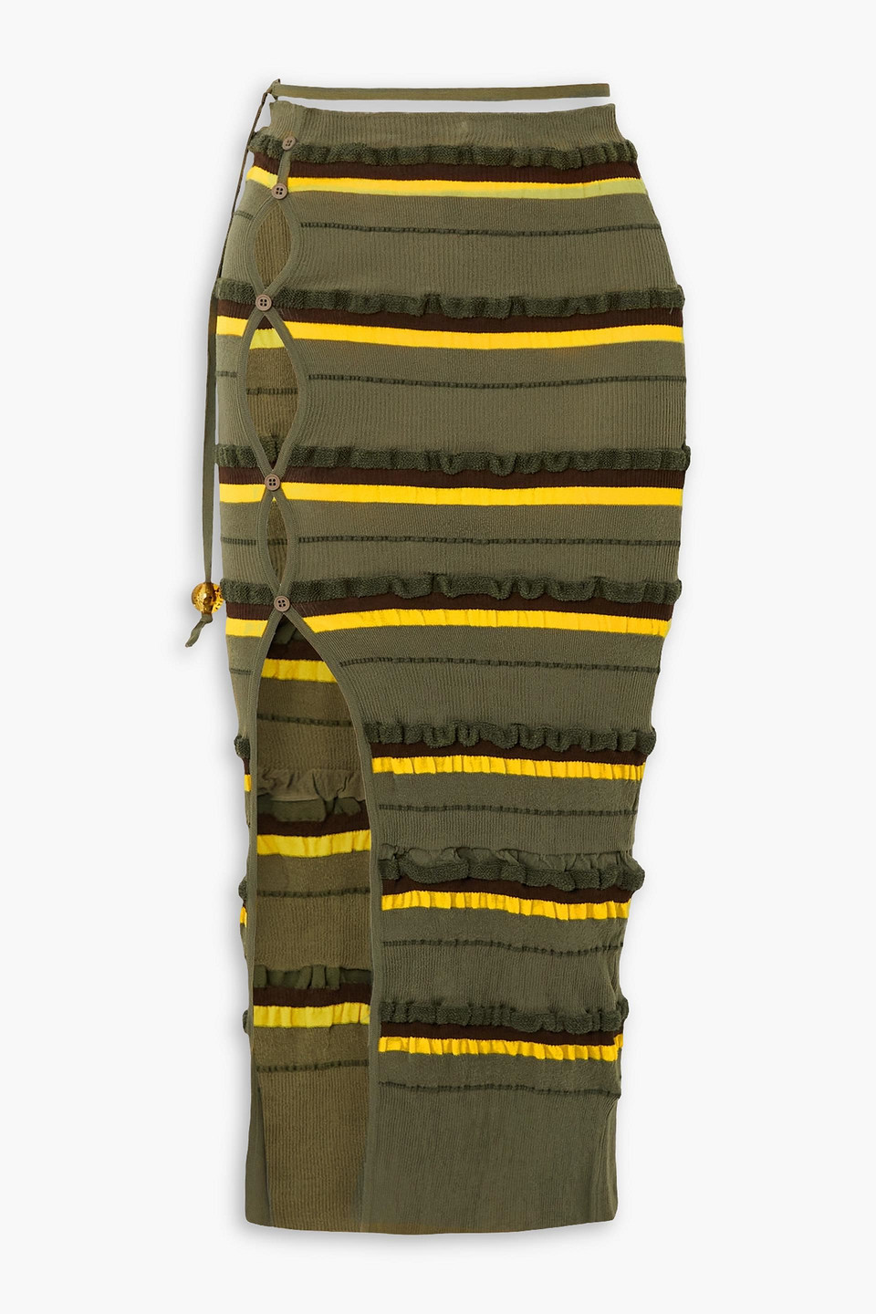 Jacquemus Concha Cutout Striped Seersucker Midi Skirt In Army Green