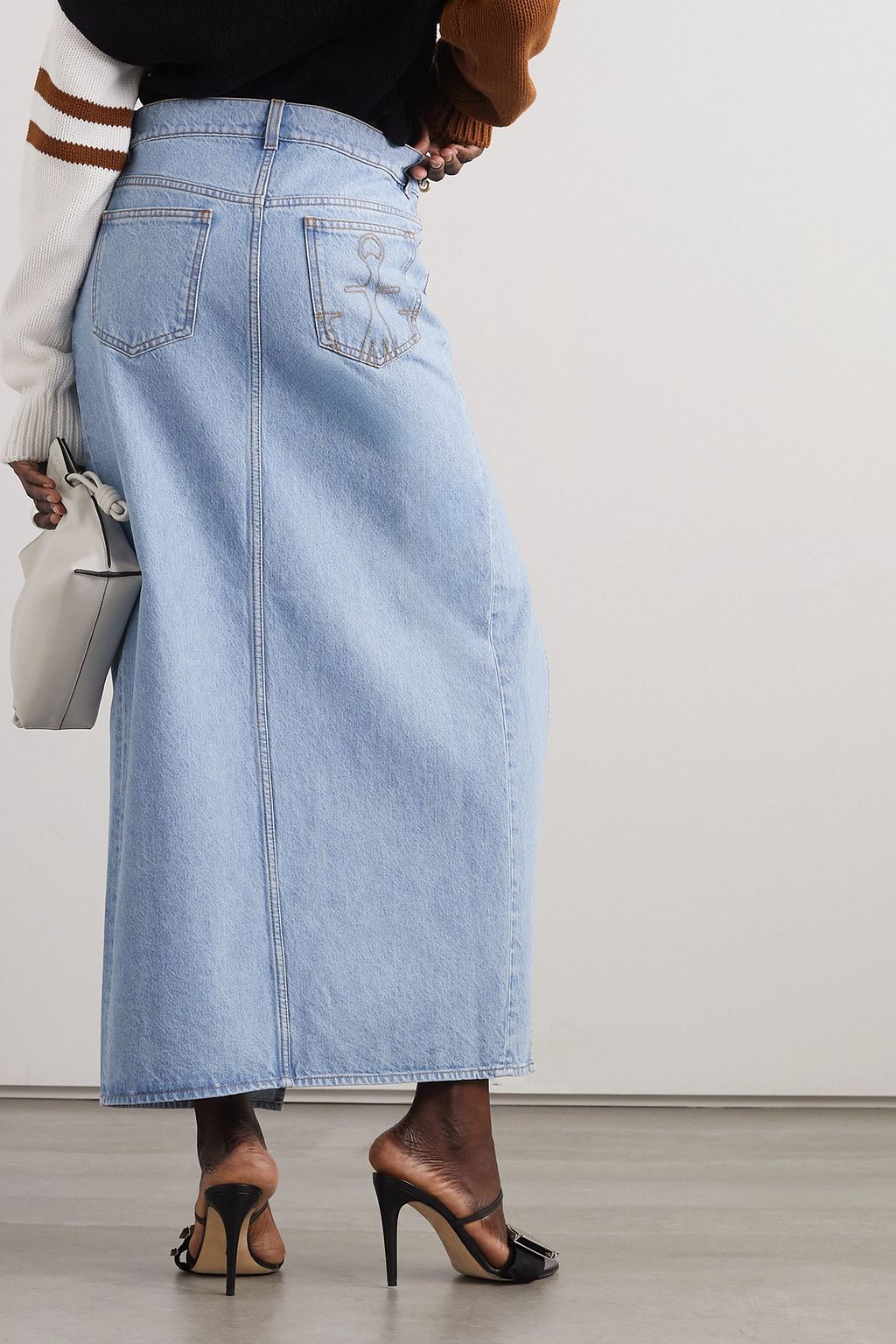 JW ANDERSON Embellished leather-trimmed denim midi skirt
