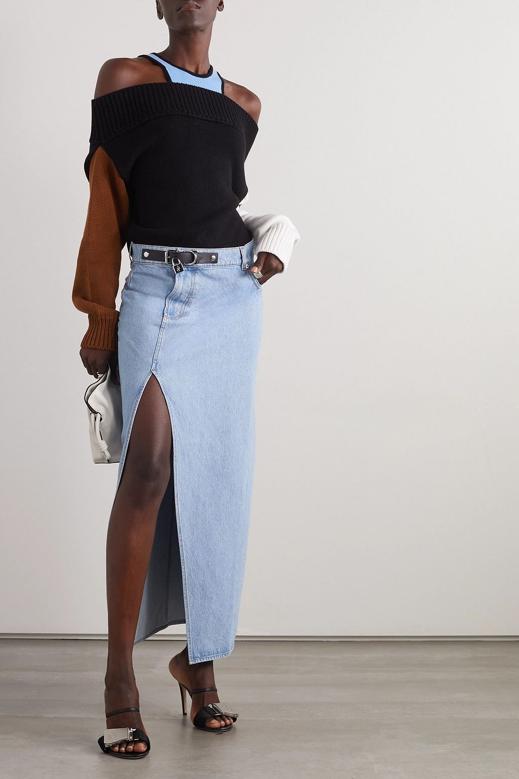 JW ANDERSON Embellished leather-trimmed denim midi skirt