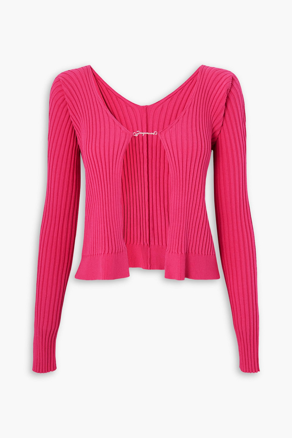 Jacquemus Pralù Cropped Embellished Ribbed-knit Cardigan In Fuchsia