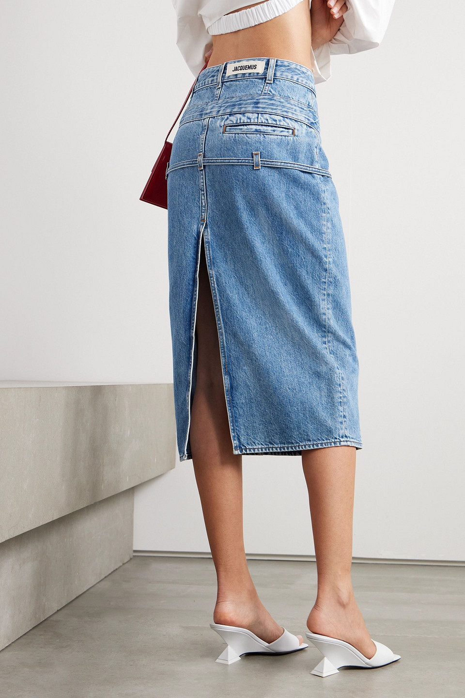 Shop Jacquemus Paneled Denim Midi Skirt In Light Denim