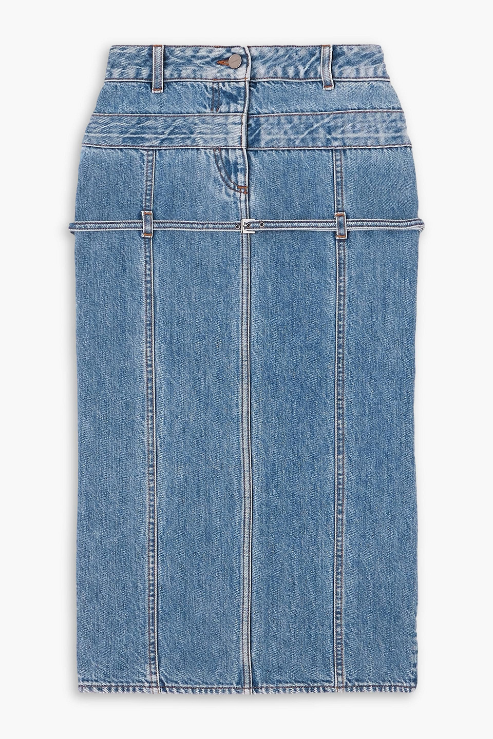 Shop Jacquemus Paneled Denim Midi Skirt In Light Denim