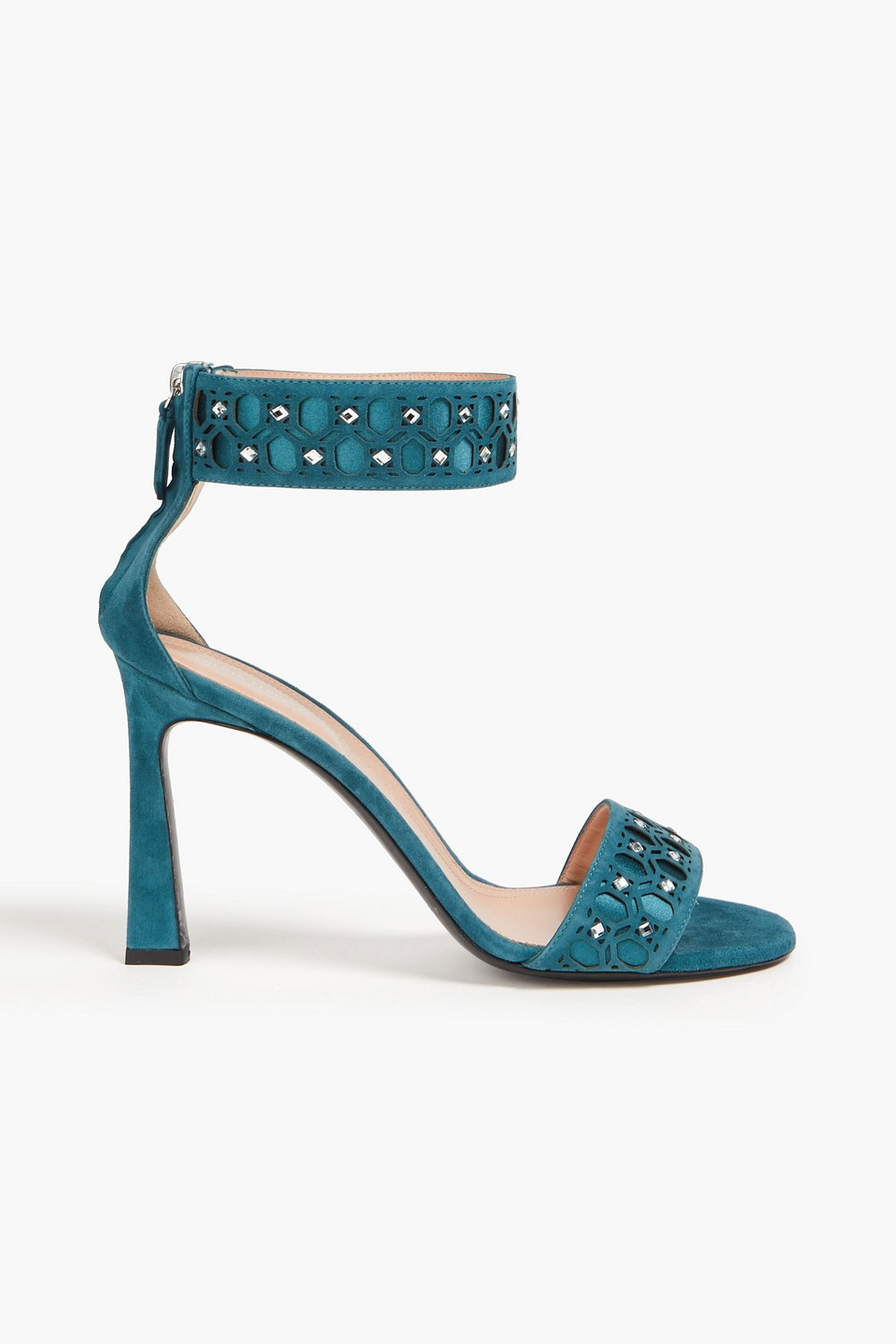 Alberta Ferretti Crystal-embellished Laser-cut Suede Sandals In Teal