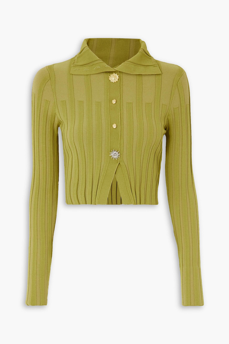 Jacquemus Bando Cropped Button-embellished Ribbed-knit Cardigan In Green
