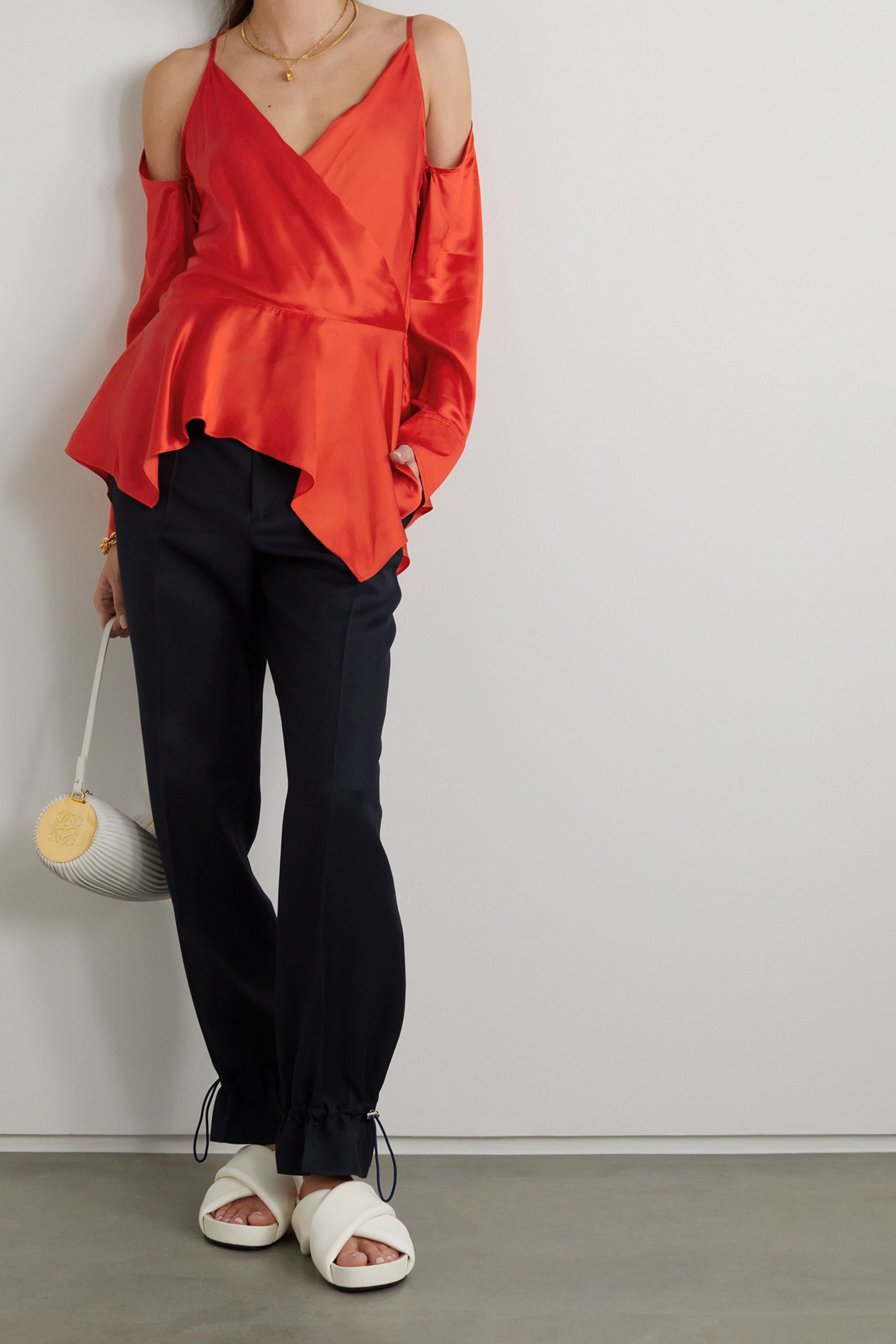 Jw Anderson Cold-shoulder asymmetric wrap-effect satin top