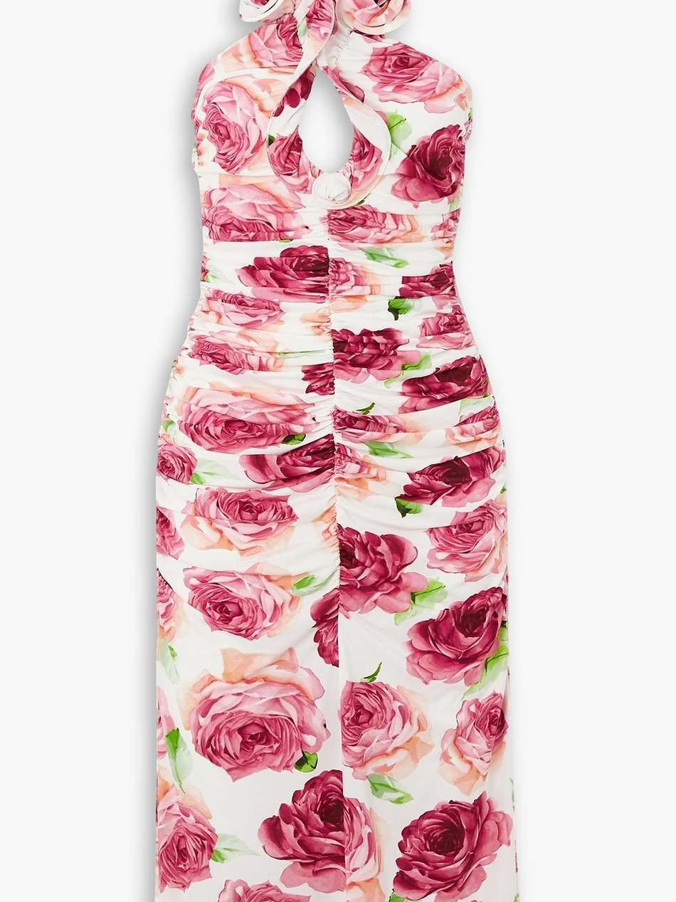appliquéd ruched floral-print stretch-jersey midi dress