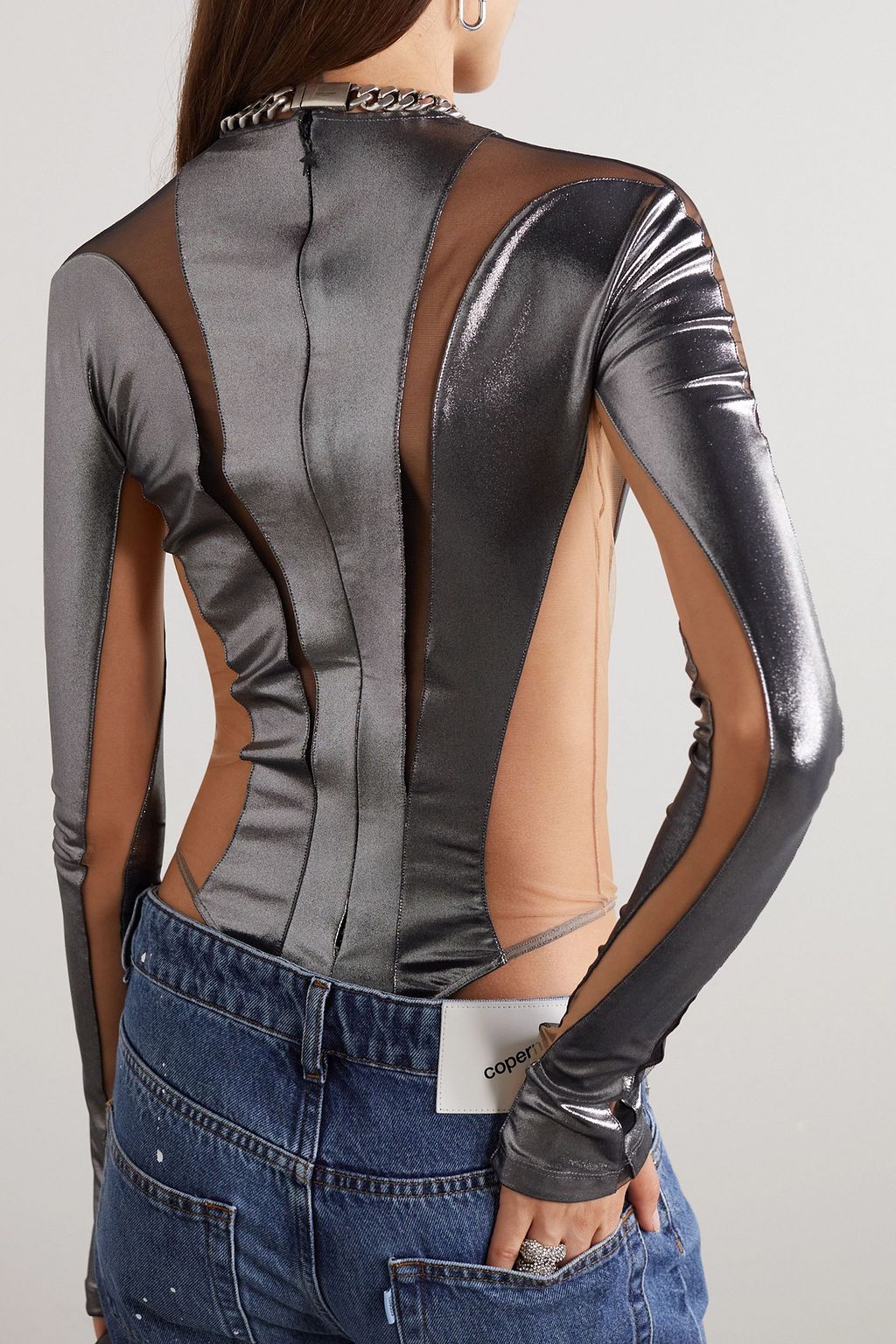 MUGLER Metallic stretch-jersey and tulle bodysuit