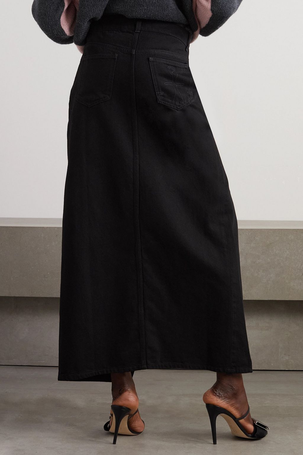JW ANDERSON Embellished leather-trimmed denim midi skirt