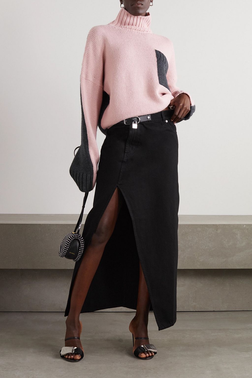 JW ANDERSON Embellished leather-trimmed denim midi skirt