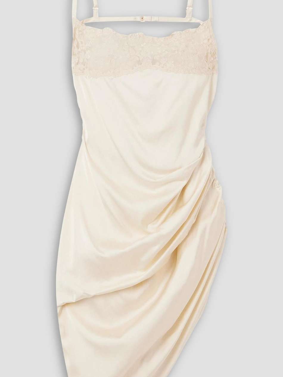 la saudade brodée asymmetric  lace-trimmed draped satin mini dress