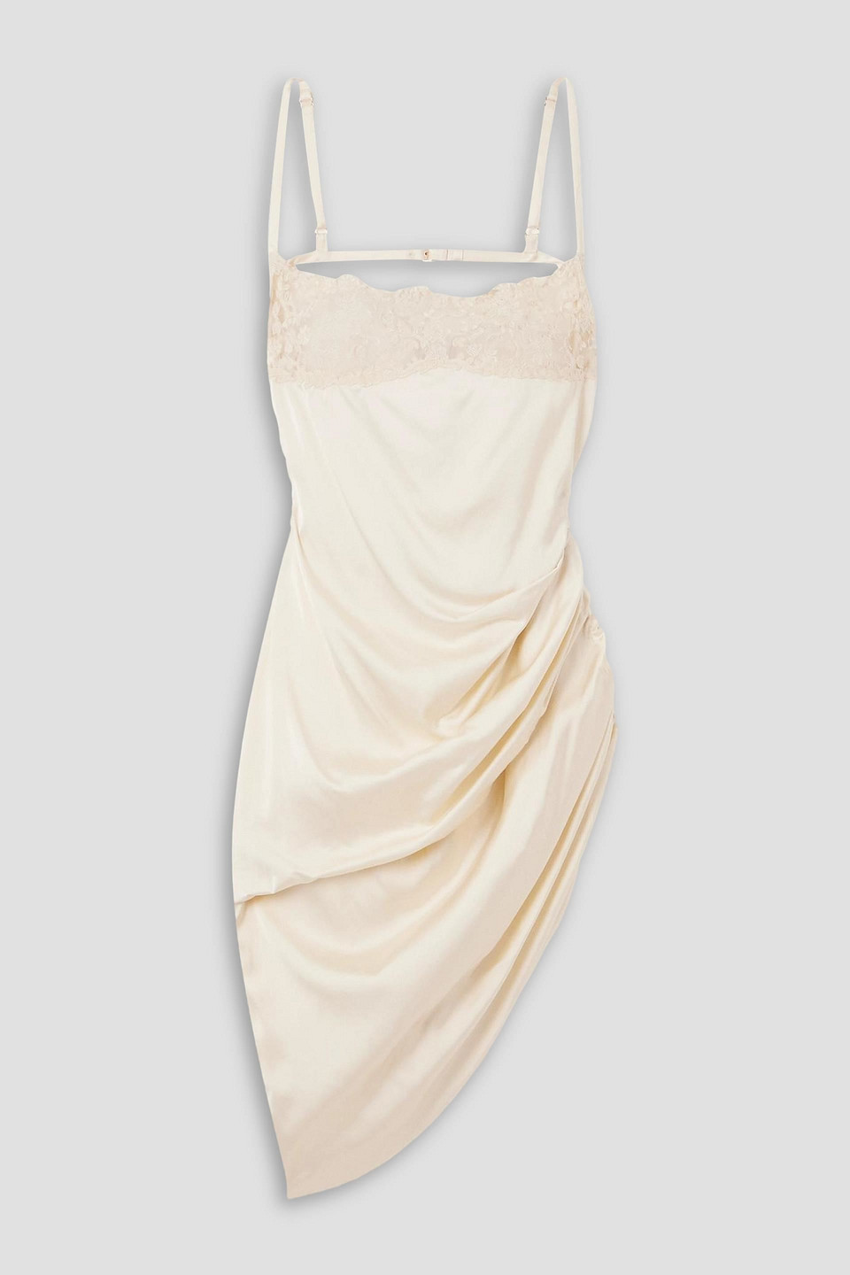 Jacquemus La Saudade Brodée Asymmetric Lace-trimmed Draped Satin Mini Dress In Ivory