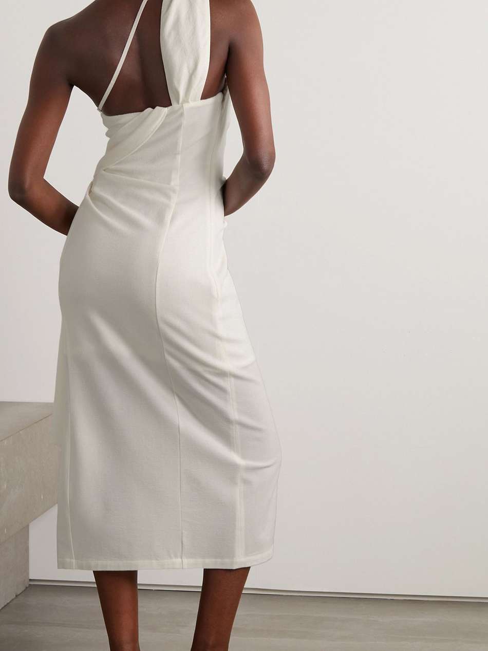 abanada cutout draped wool-blend crepe midi dress