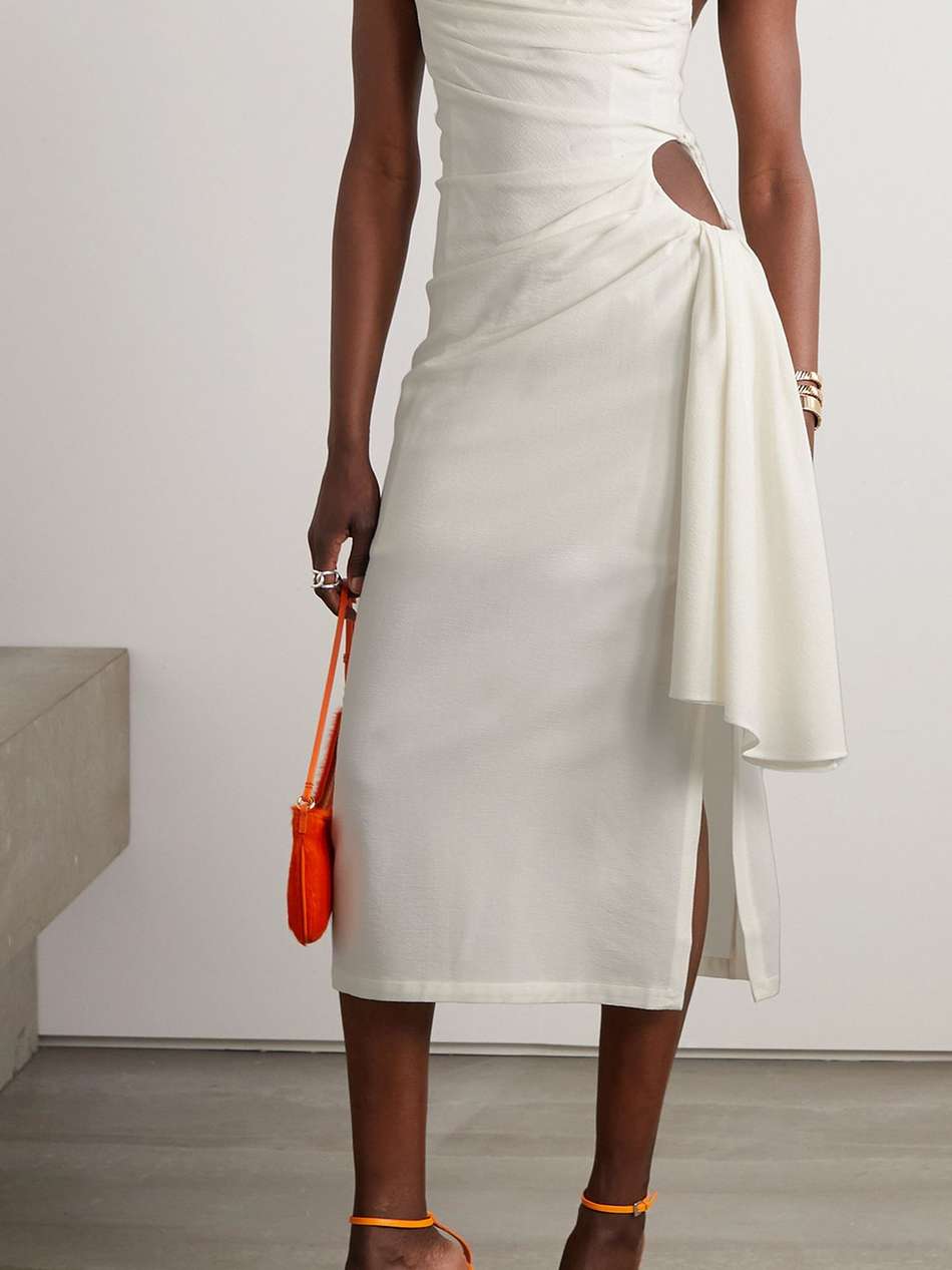 abanada cutout draped wool-blend crepe midi dress