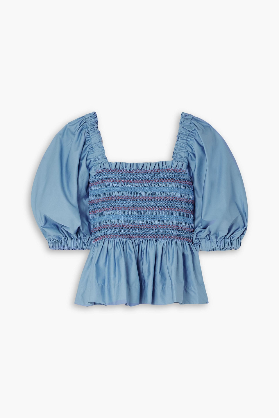 Molly Goddard Marigold Embroidered Shirred Cotton-satin Top In Slate Blue