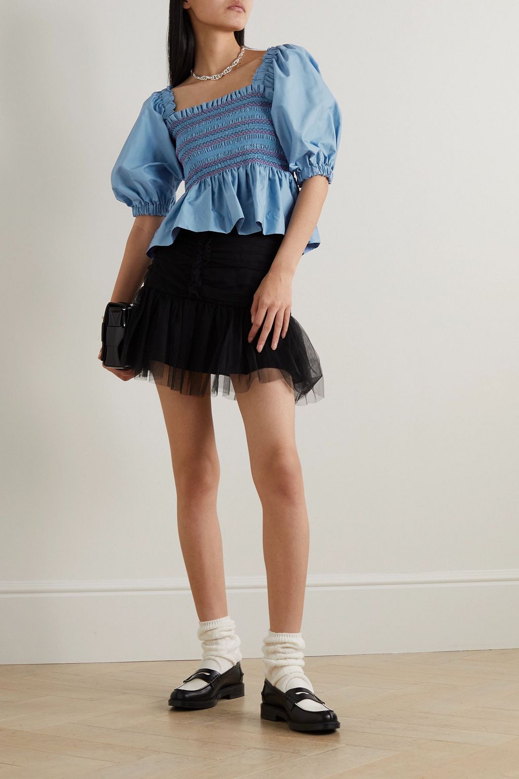 MOLLY GODDARD Marigold embroidered shirred cotton-satin top