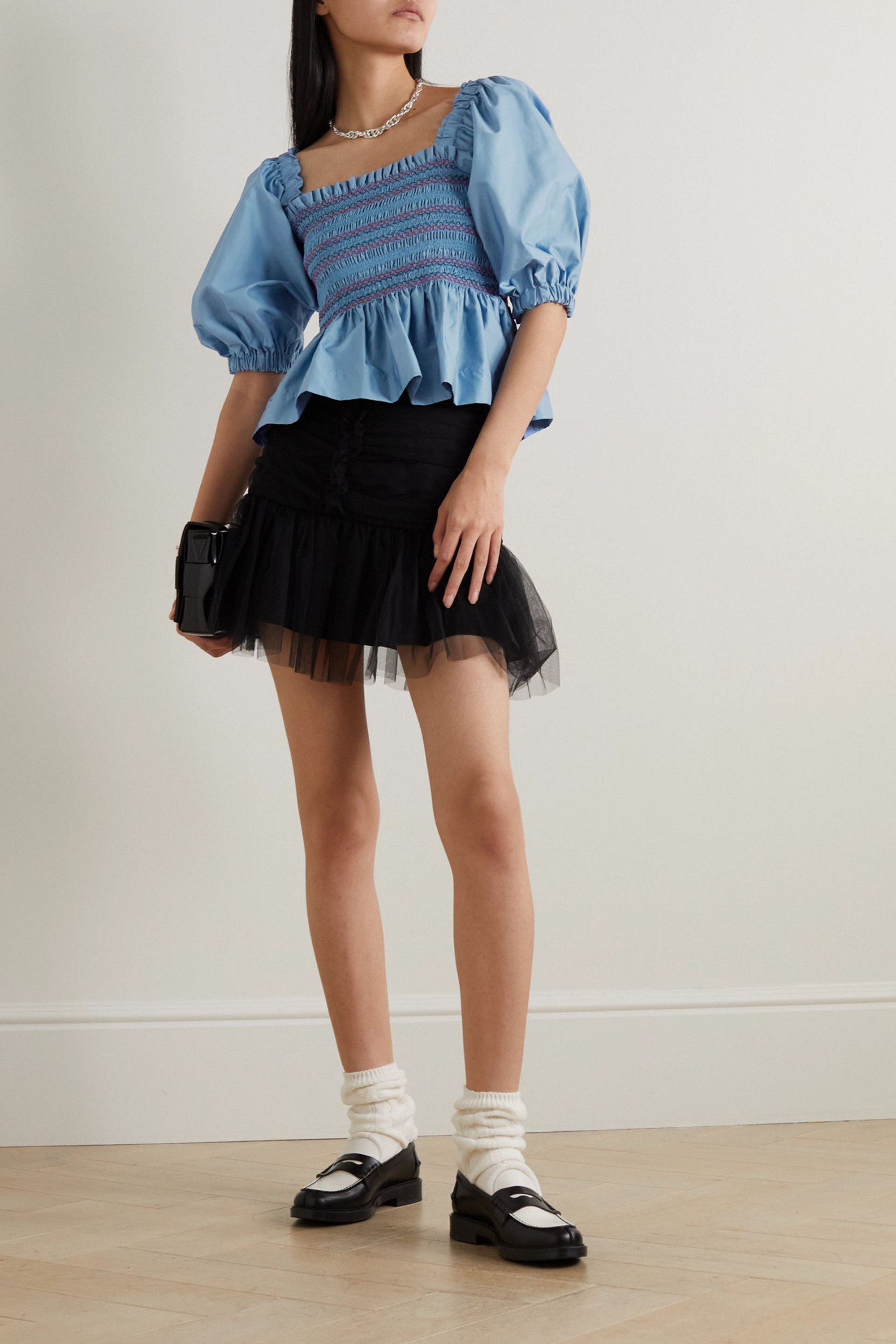 Molly Goddard Marigold embroidered shirred cotton-satin top