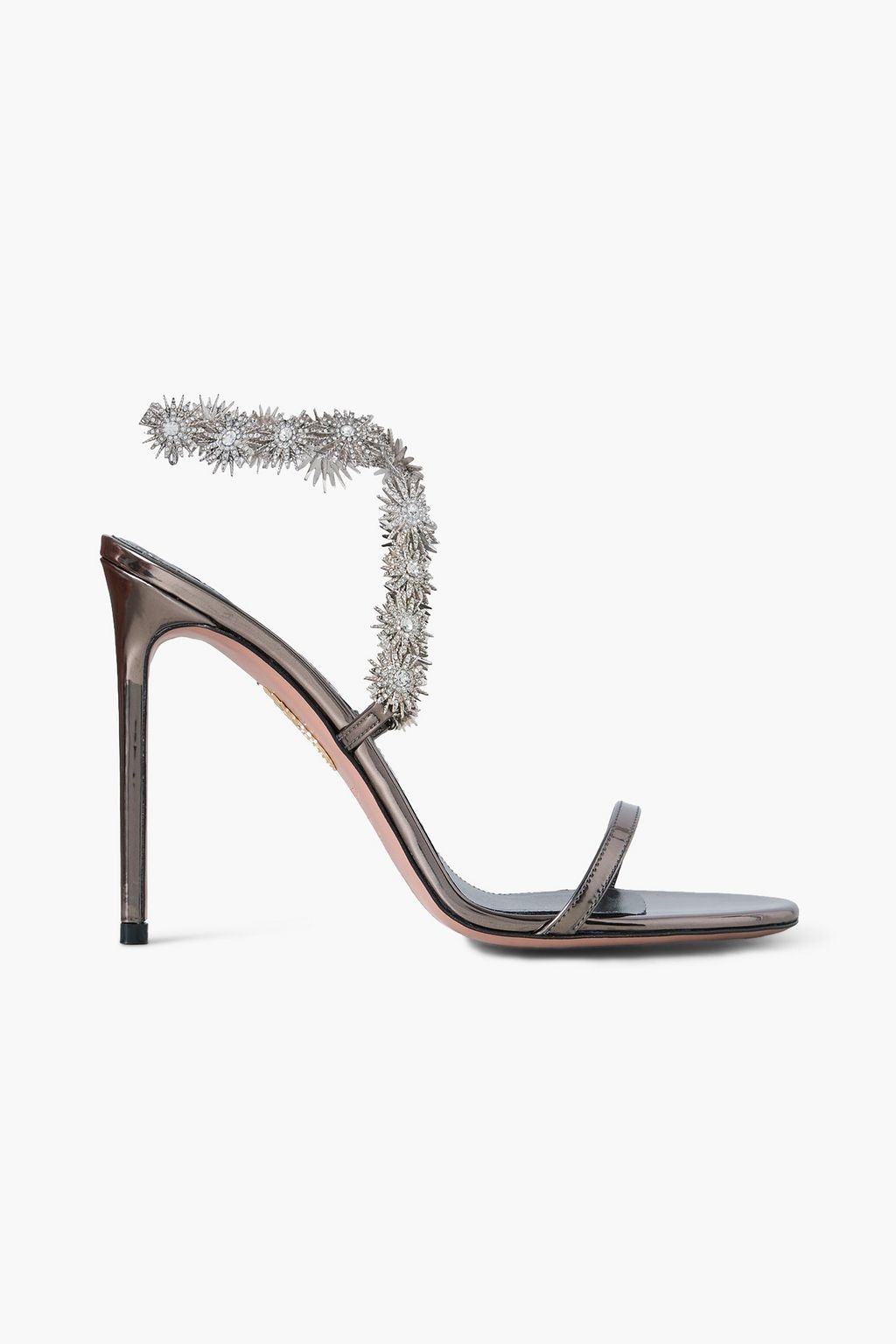 AQUAZZURA Comet 105 crystal embellished metallic faux leather sandals THE OUTNET