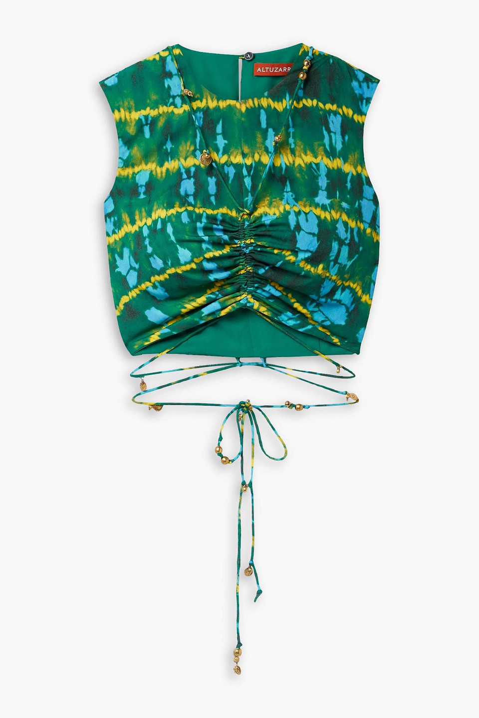 Altuzarra Ayana Cropped Embellished Ruched Tie-dyed Crepe De Chine Top In Green