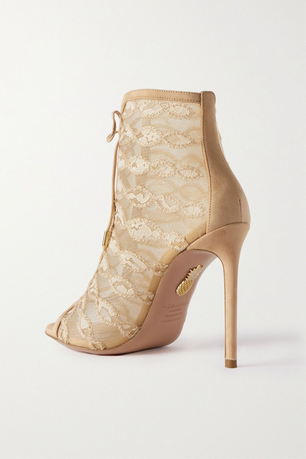 AQUAZZURA After Dark Bootie 105 suede and lace-trimmed mesh ankle boots