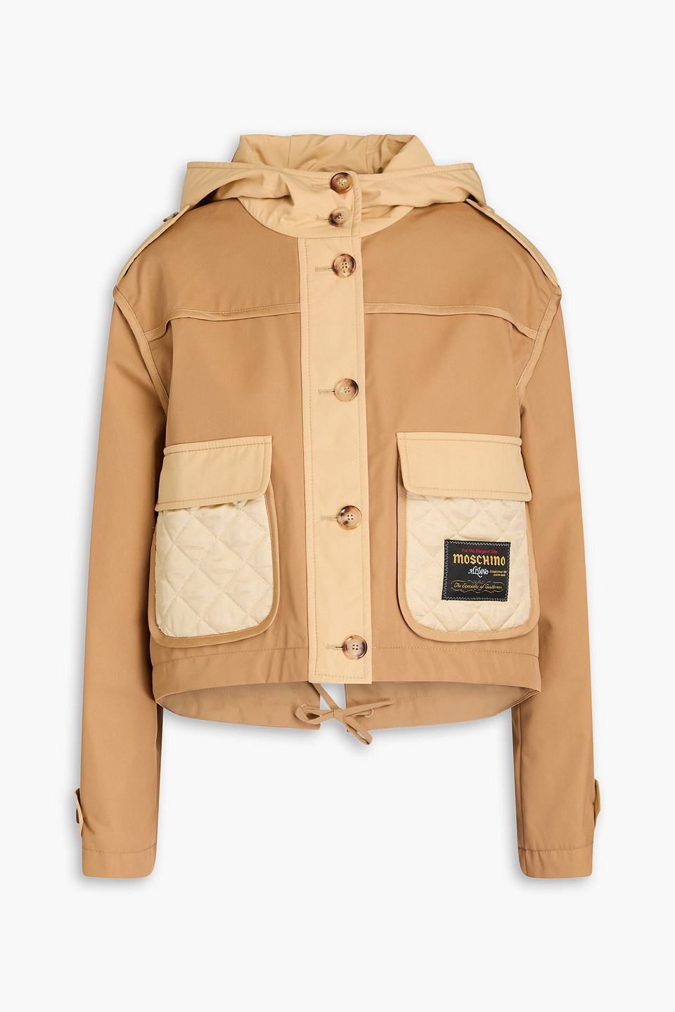 Moschino Paneled Cotton-blend Satin-twill Hooded Jacket In Sand