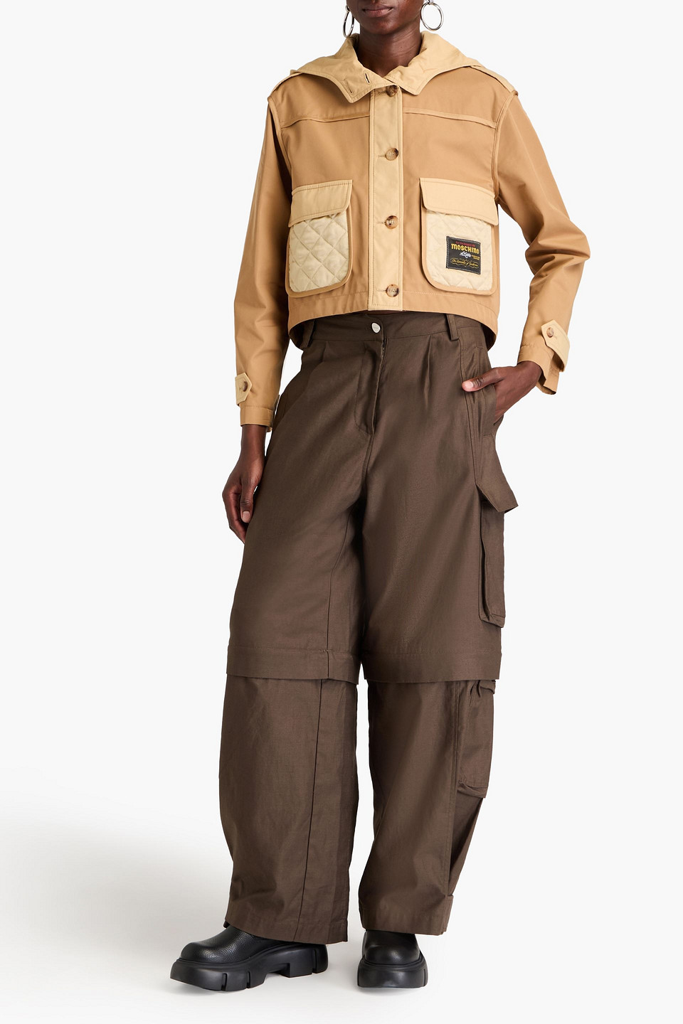 Moschino Paneled Cotton-blend Satin-twill Hooded Jacket In Sand