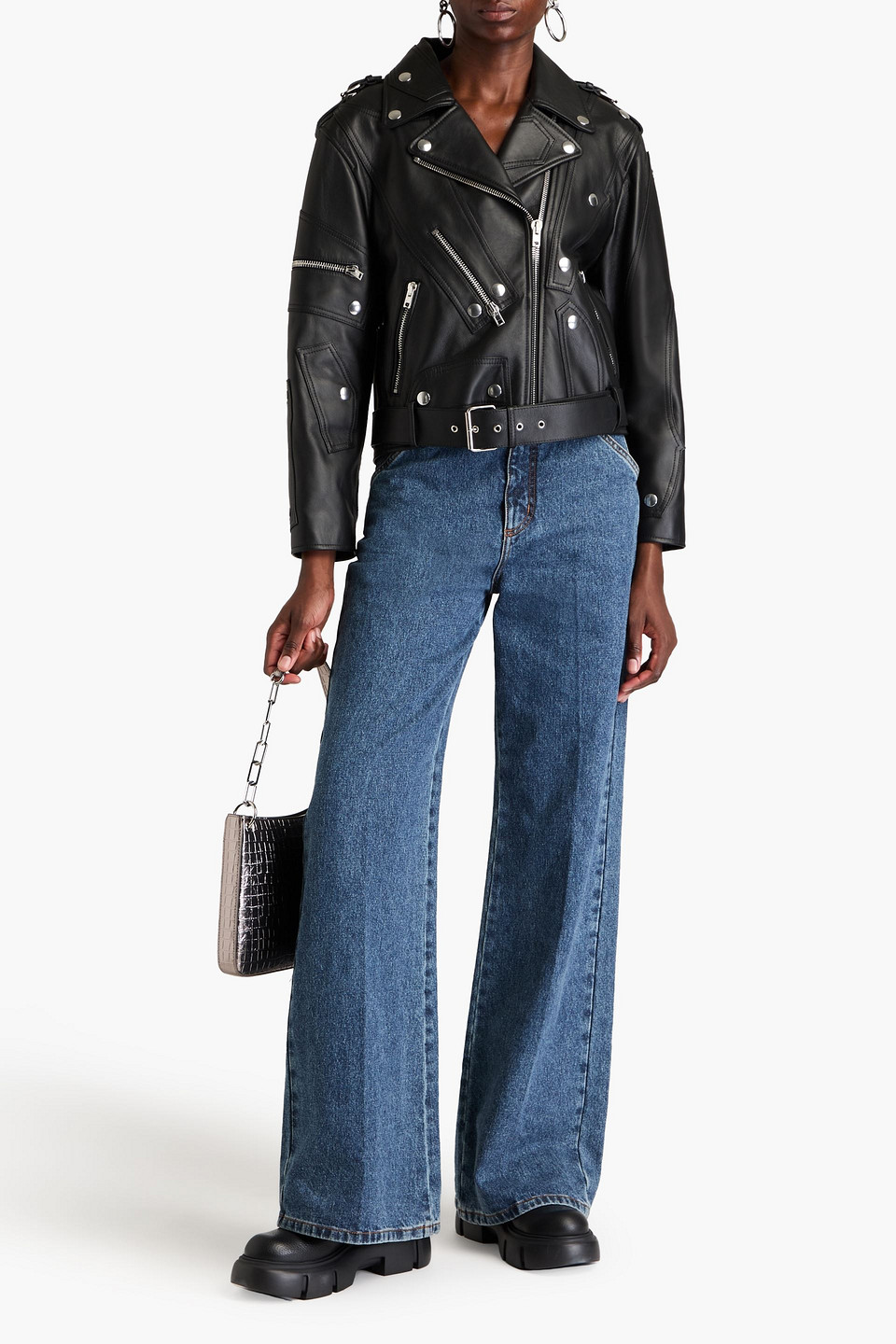 Shop Moschino Leather Biker Jacker In Black
