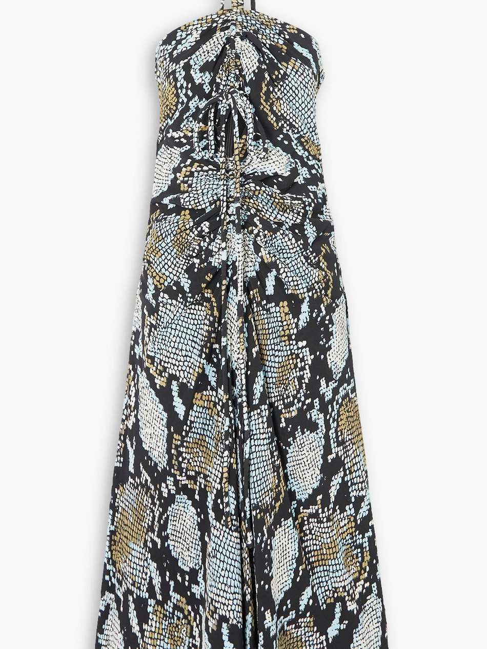 ruched snake-print crepe de chine halterneck midi dress