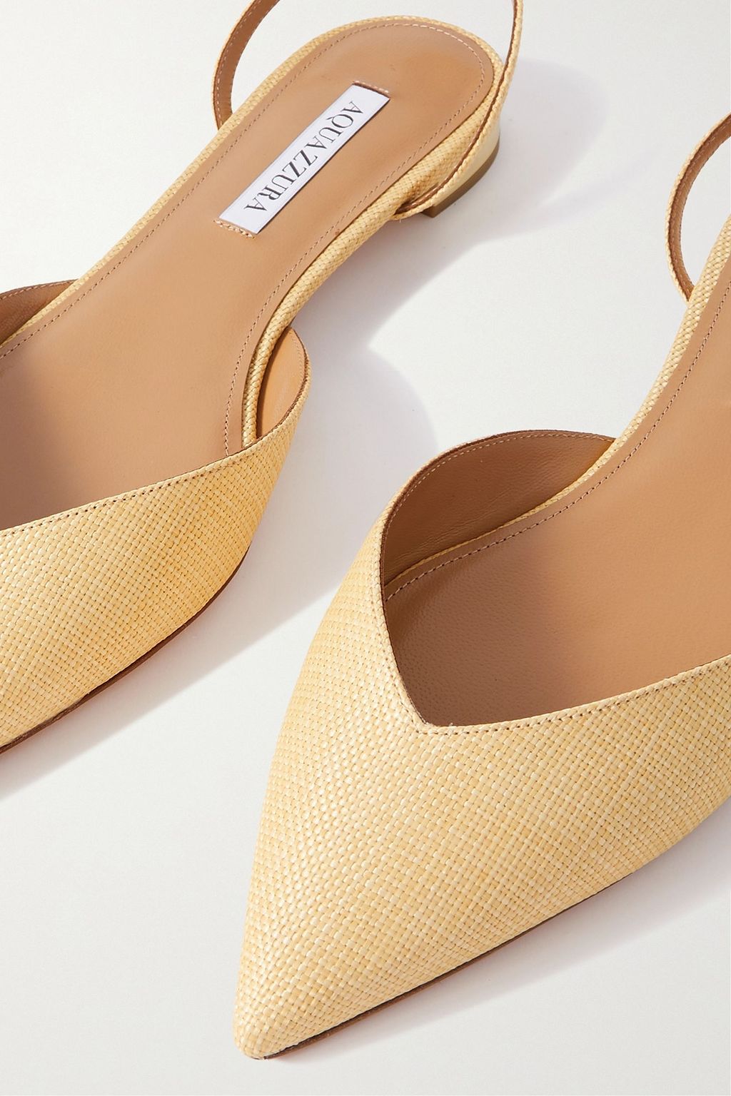 AQUAZZURA Beyond leather-trimmed woven raffia point-toe flats
