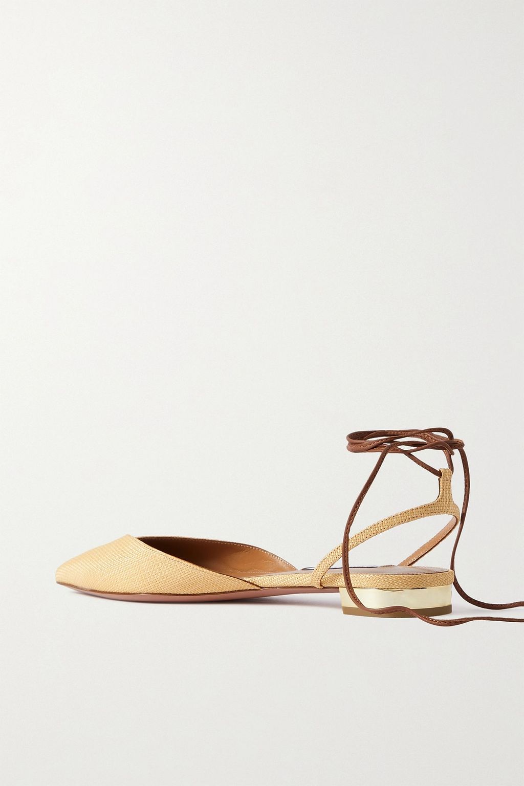 AQUAZZURA Beyond leather-trimmed woven raffia point-toe flats