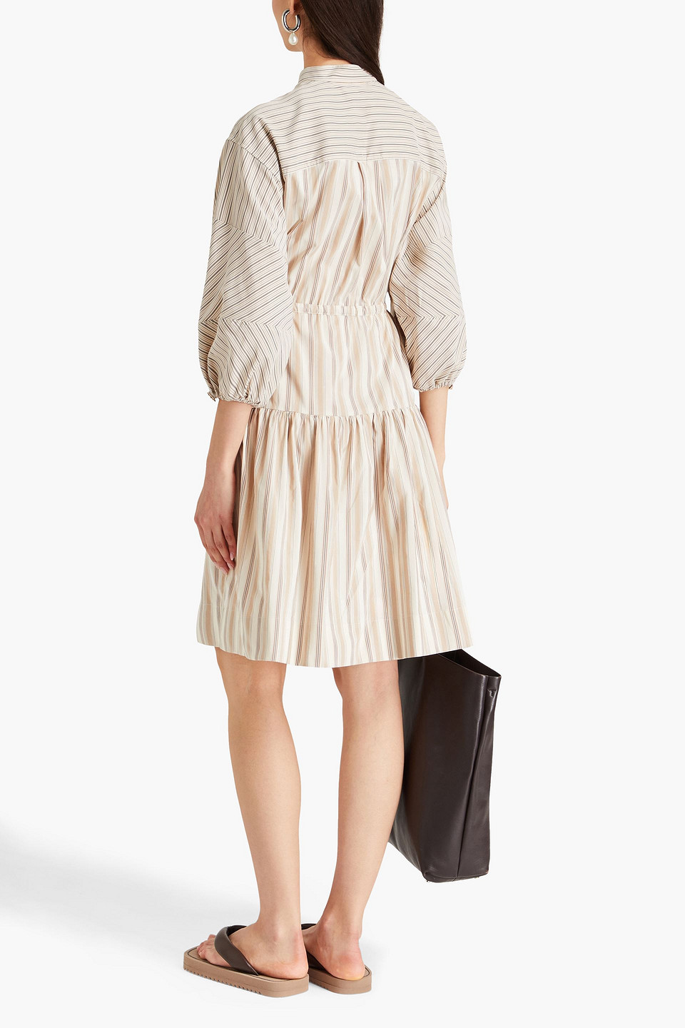 Brunello Cucinelli Gestreiftes Kleid Aus Popeline Aus Einer Baumwoll-seidenmischung Mit Zierperlen In Beige