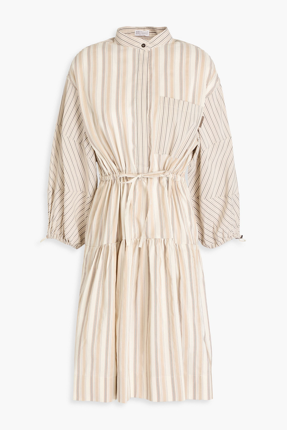 Brunello Cucinelli Gestreiftes Kleid Aus Popeline Aus Einer Baumwoll-seidenmischung Mit Zierperlen In Beige