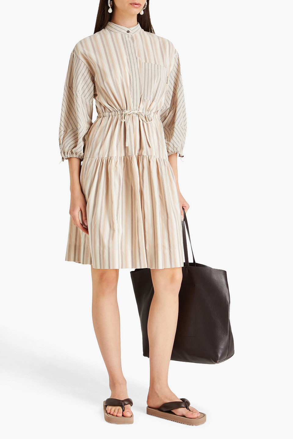Brunello Cucinelli Gestreiftes Kleid Aus Popeline Aus Einer Baumwoll-seidenmischung Mit Zierperlen In Beige