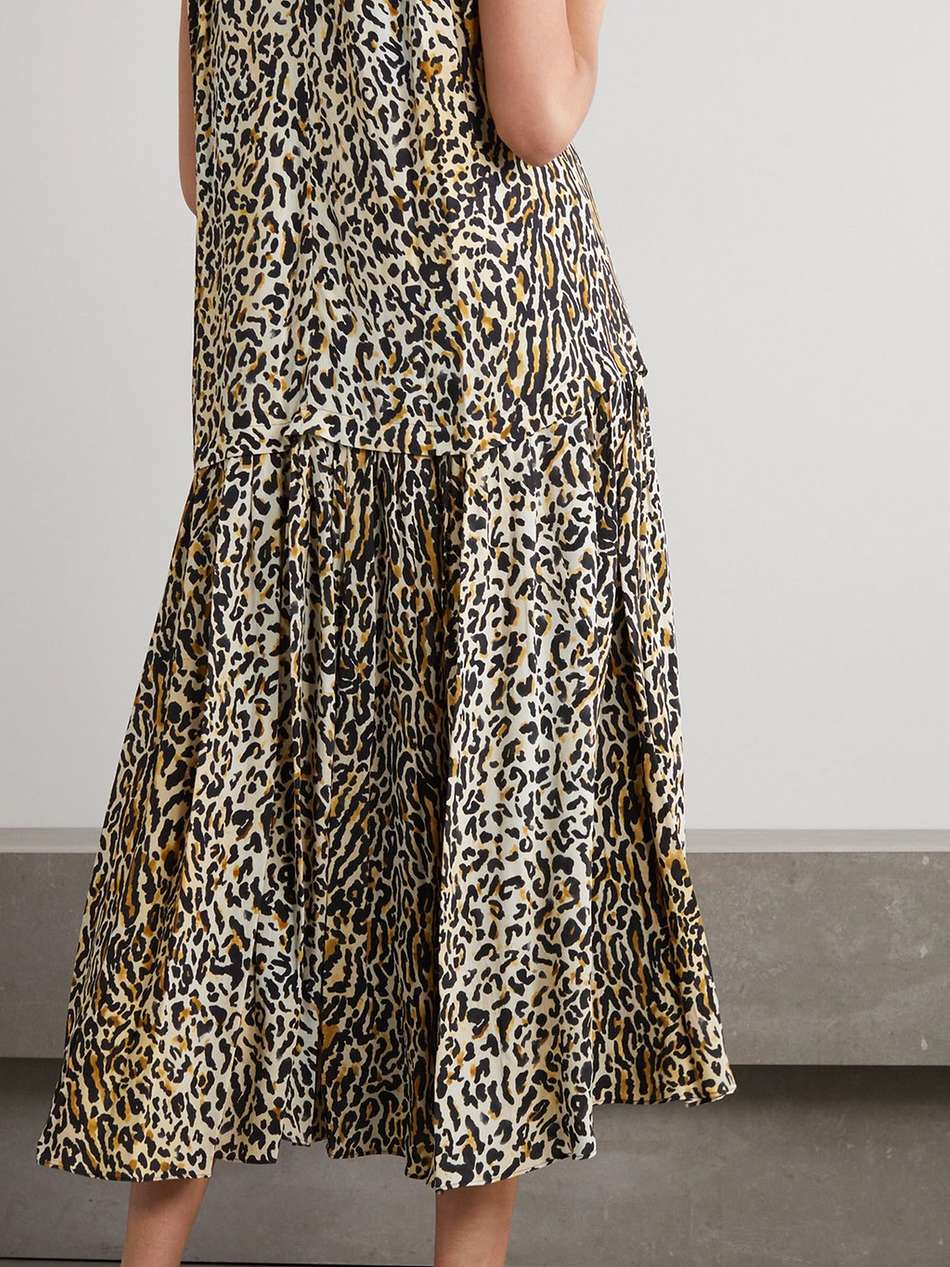 leopard-print gathered crepe de chine midi dress