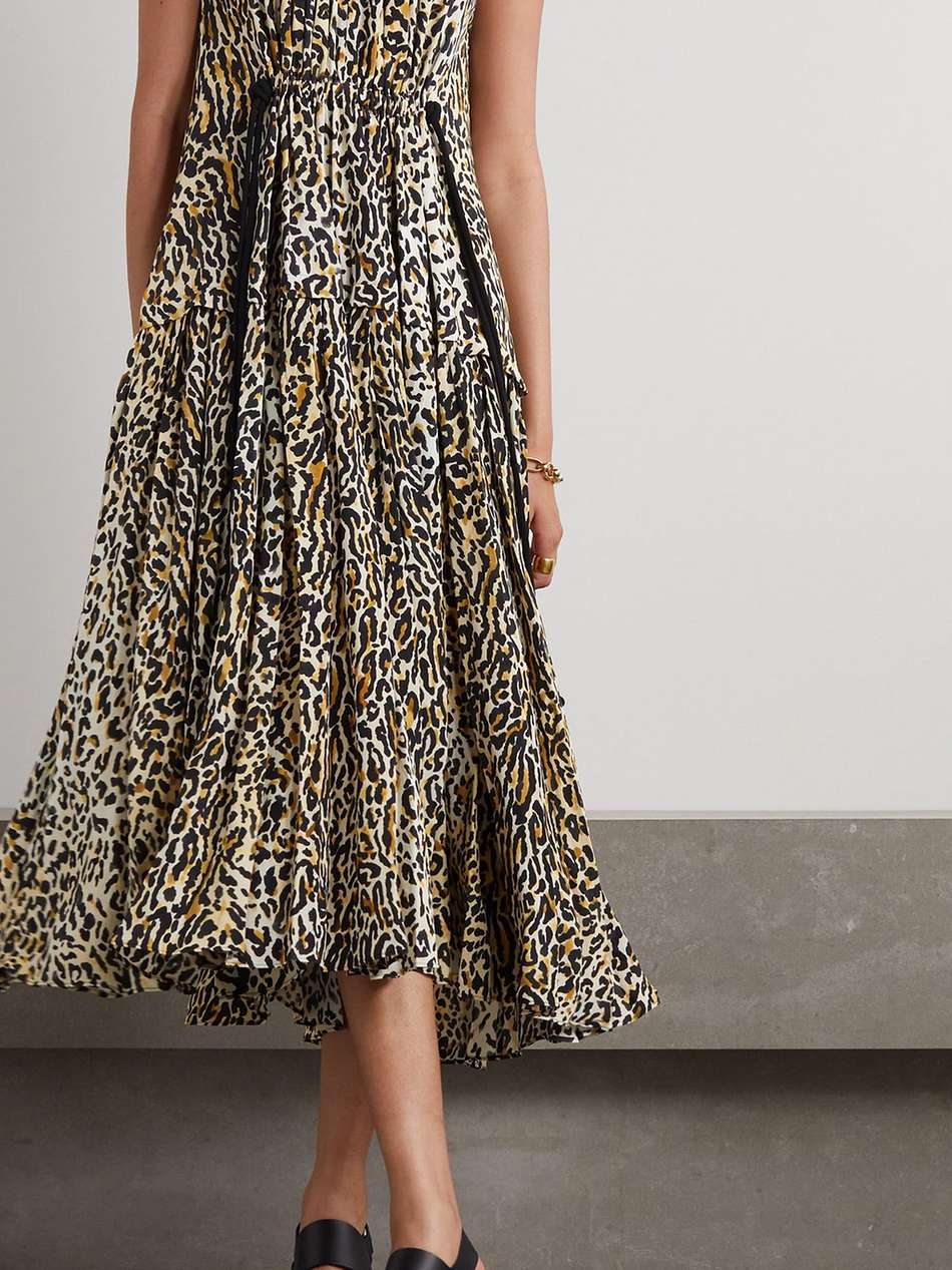leopard-print gathered crepe de chine midi dress