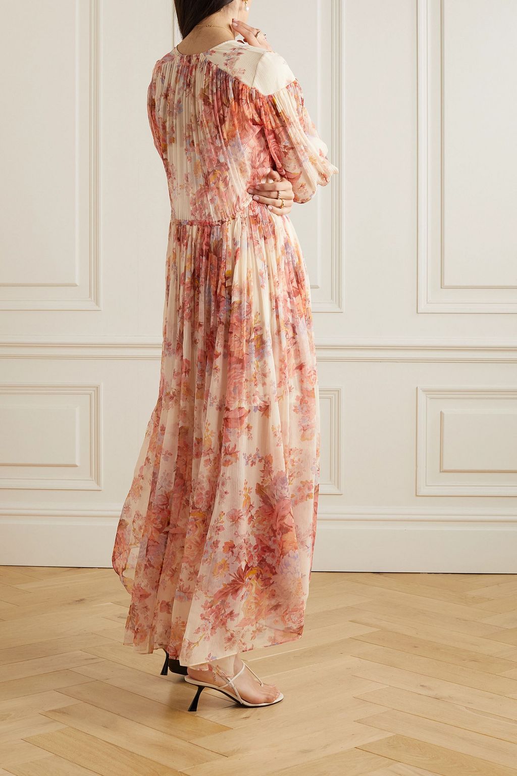 ZIMMERMANN シルクシフォン マキシワンピース ギャザー入り フローラルプリント
