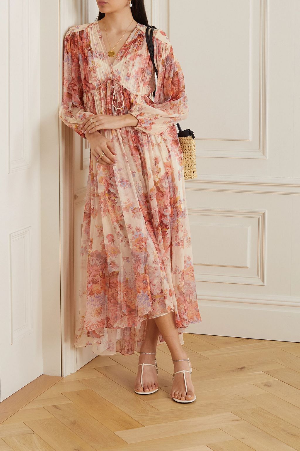 ZIMMERMANN シルクシフォン マキシワンピース ギャザー入り フローラルプリント