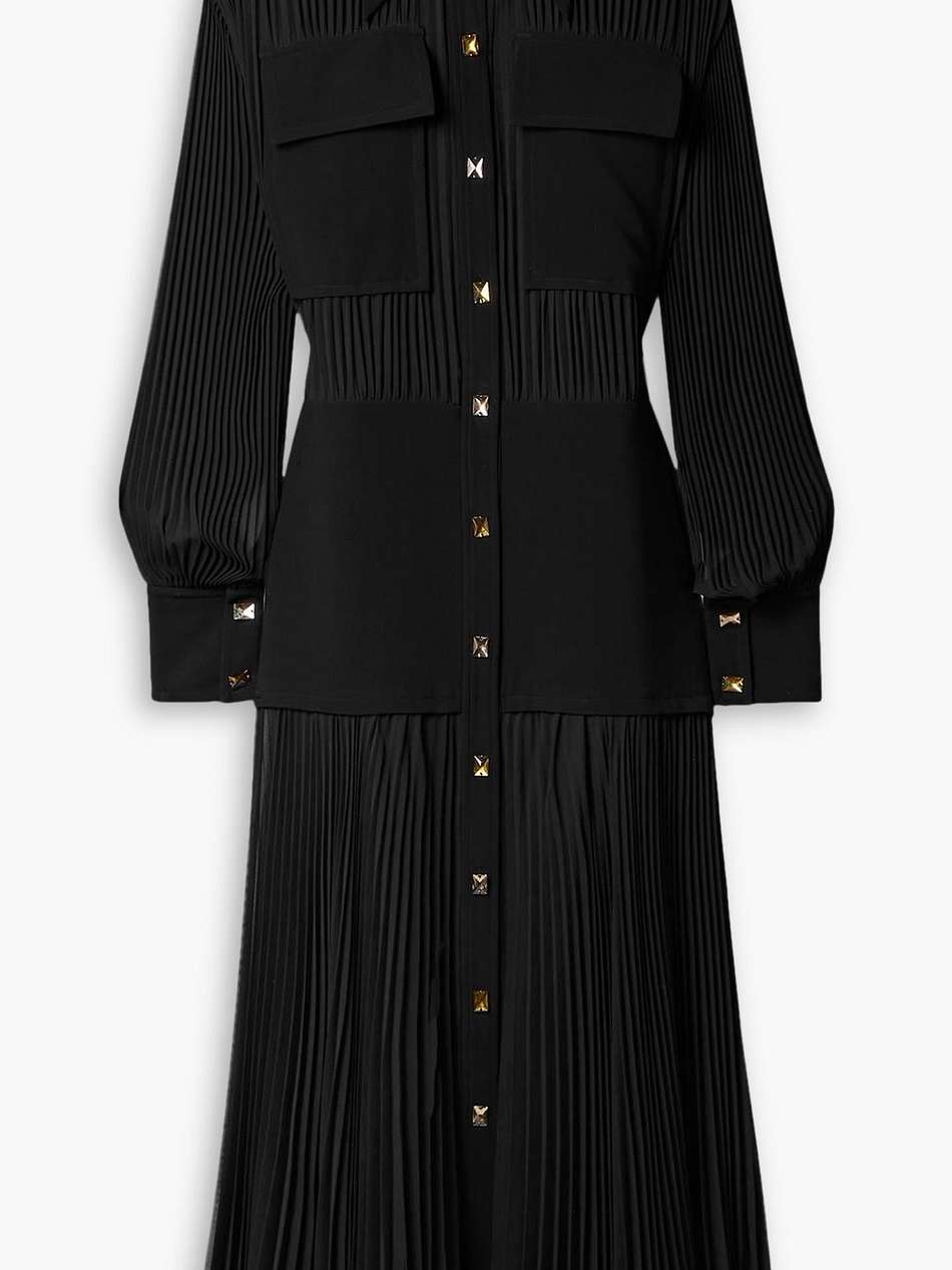 paneled crepe and pleated chiffon maxi dress