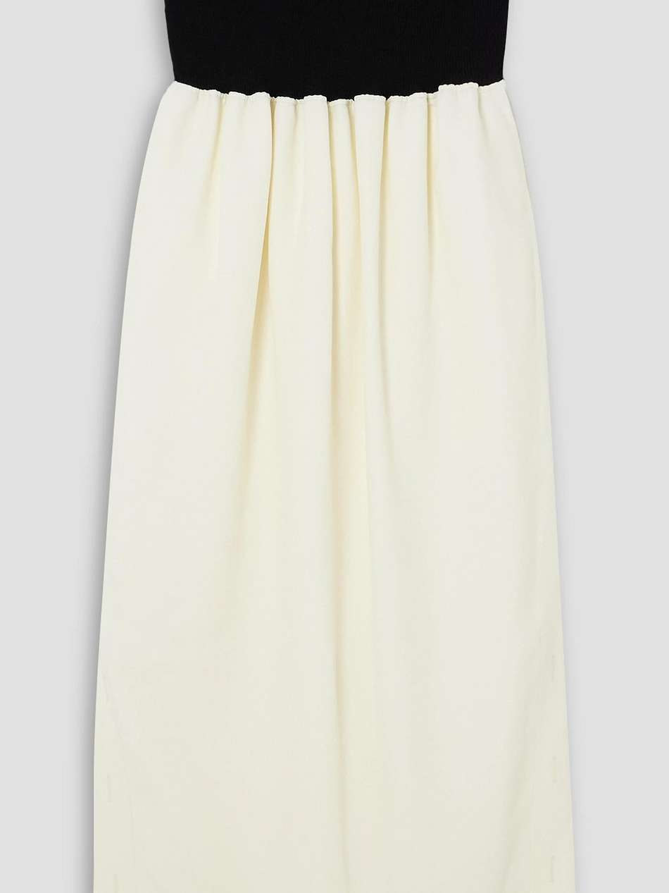 strapless paneled ribbed-knit and crepe midi dress