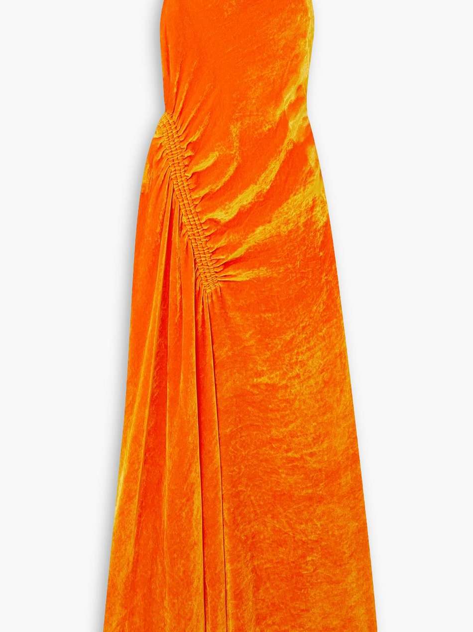gathered velvet maxi dress