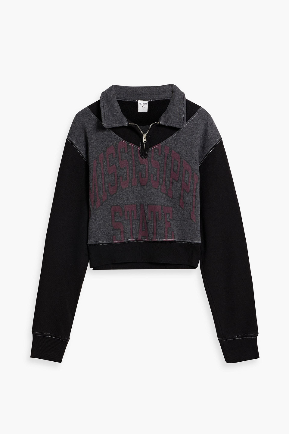 Re/done Cropped Printed Cotton-blend Fleece Half-zip Sweatshirt In Dark Gray