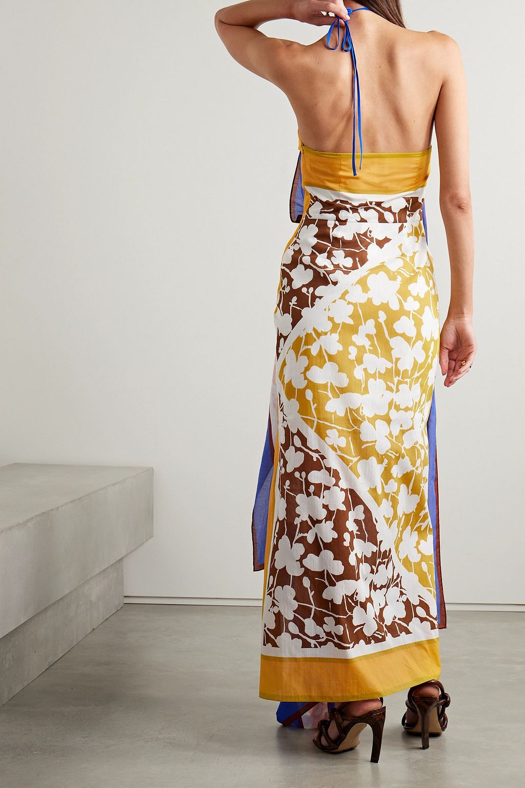 ROSIE ASSOULIN Draped knotted printed cotton-voile halterneck maxi dress