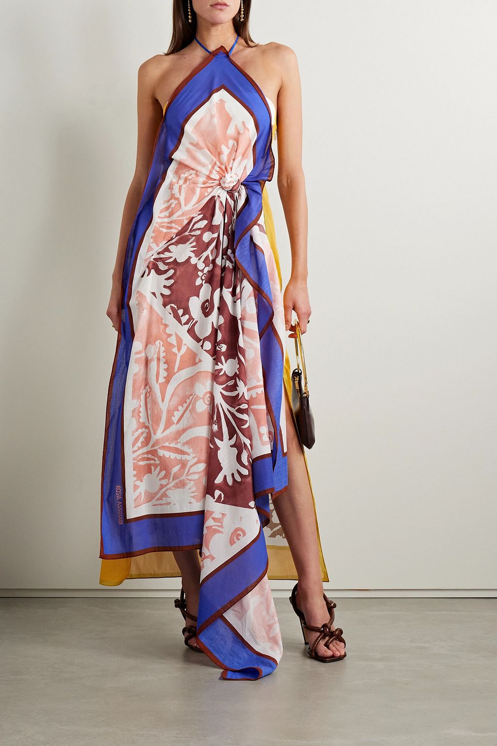 ROSIE ASSOULIN Draped knotted printed cotton-voile halterneck maxi dress