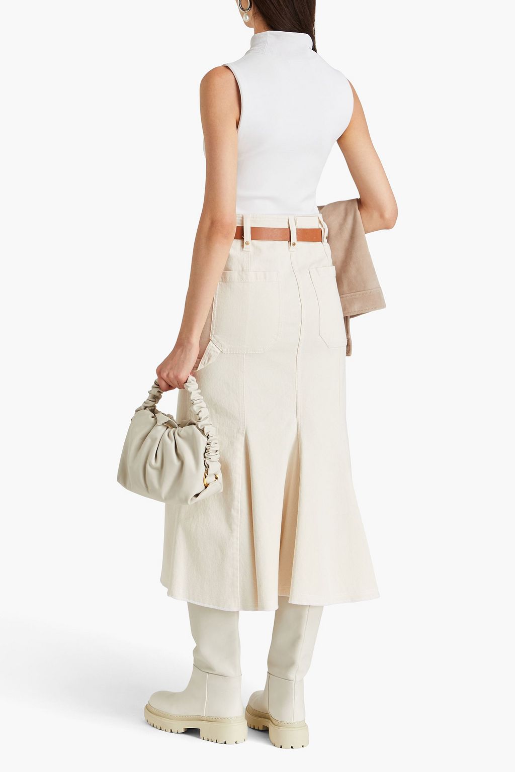 BRUNELLO CUCINELLI 비즈 장식 데님 플리츠 미디 스커트