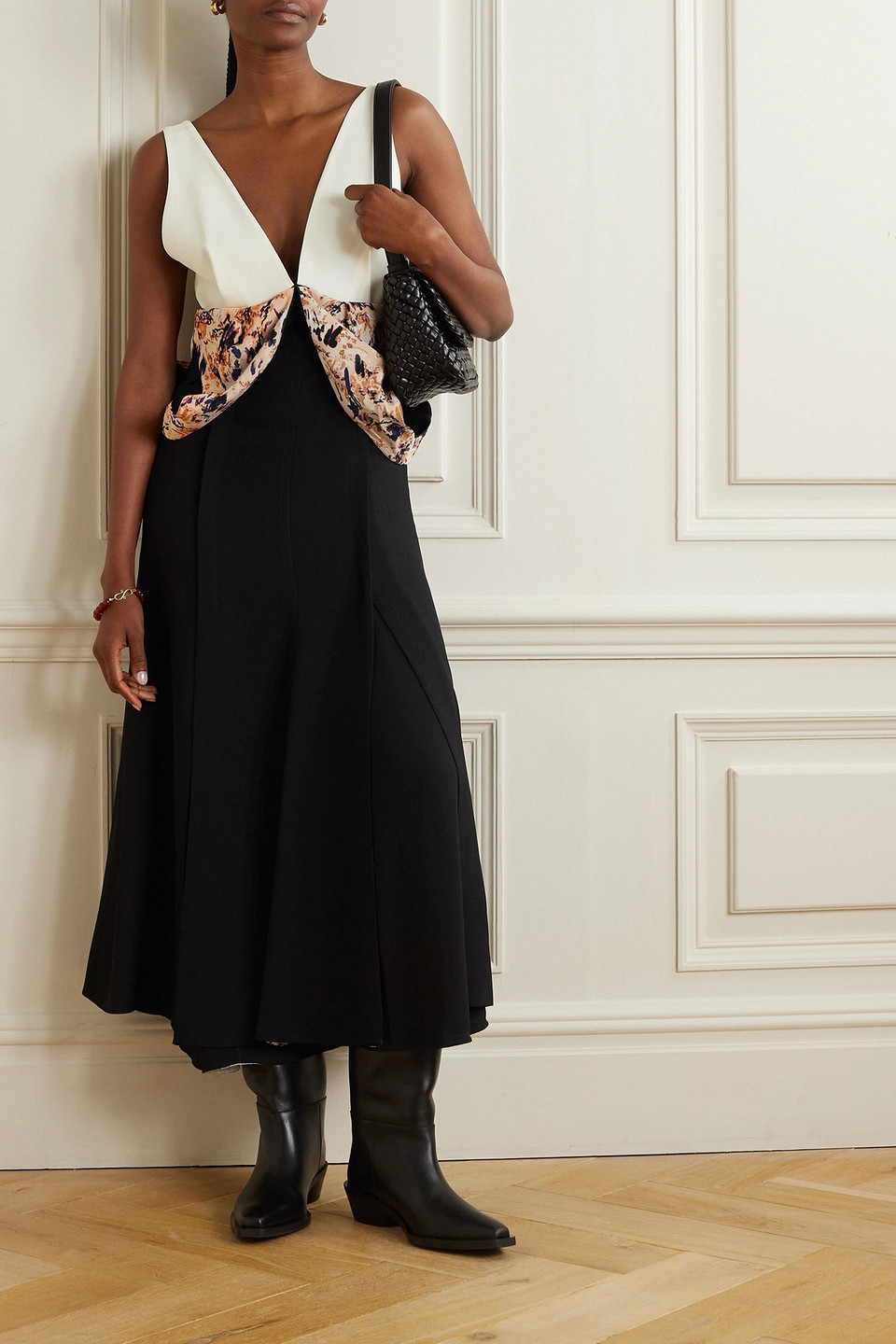 PROENZA SCHOULER CONVERTIBLE PANELED PRINTED CREPE MIDI DRESS